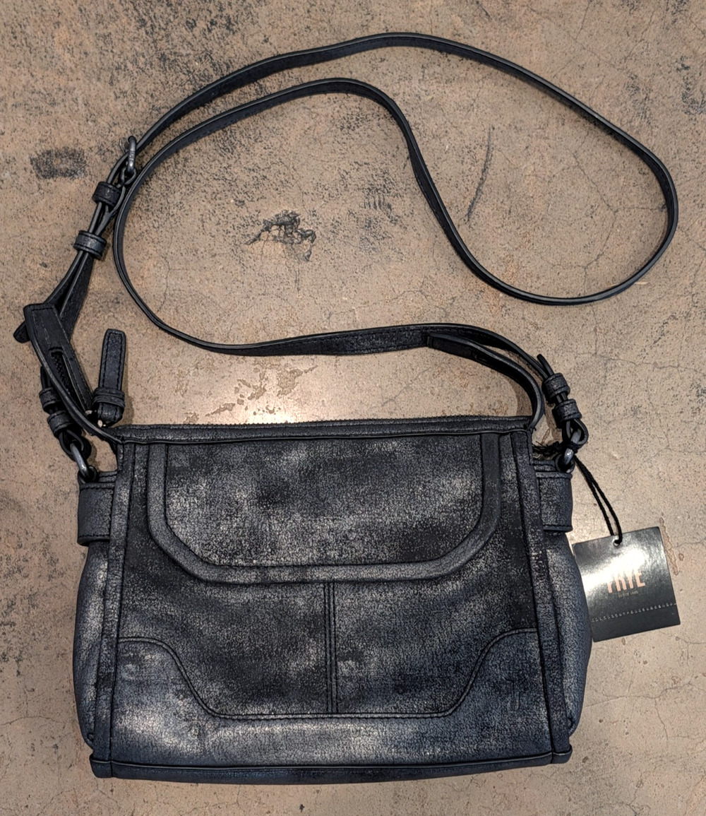 Frye Mel Small Crossbody Bag Shimmery Gunmetal Distressed Leather NWT